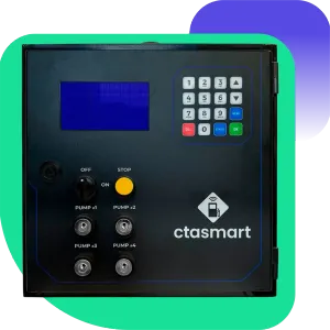 Um painel de controle ctasmart preto com uma tela e botões azuis.