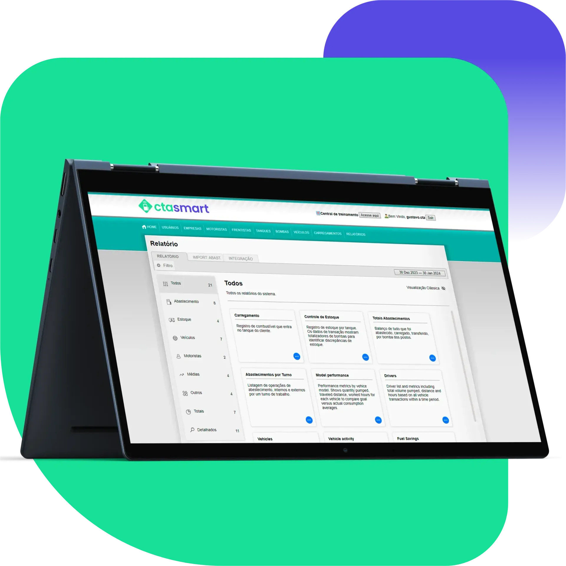 Um laptop está aberto em um site em um fundo verde.