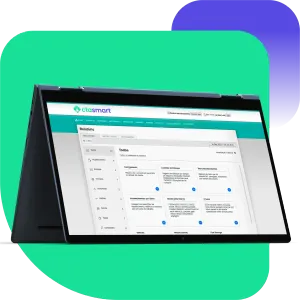 Um laptop está aberto em um site em um fundo verde.