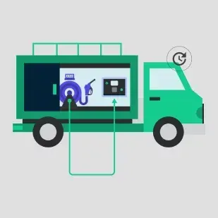 Uma ilustração de um caminhão verde com uma mangueira acoplada a ele.