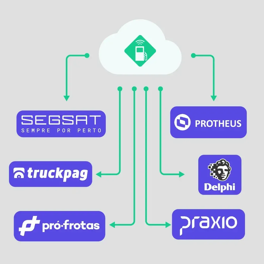 Um diagrama de uma nuvem com logotipos para segsat truckpag pro-frotas e delphi