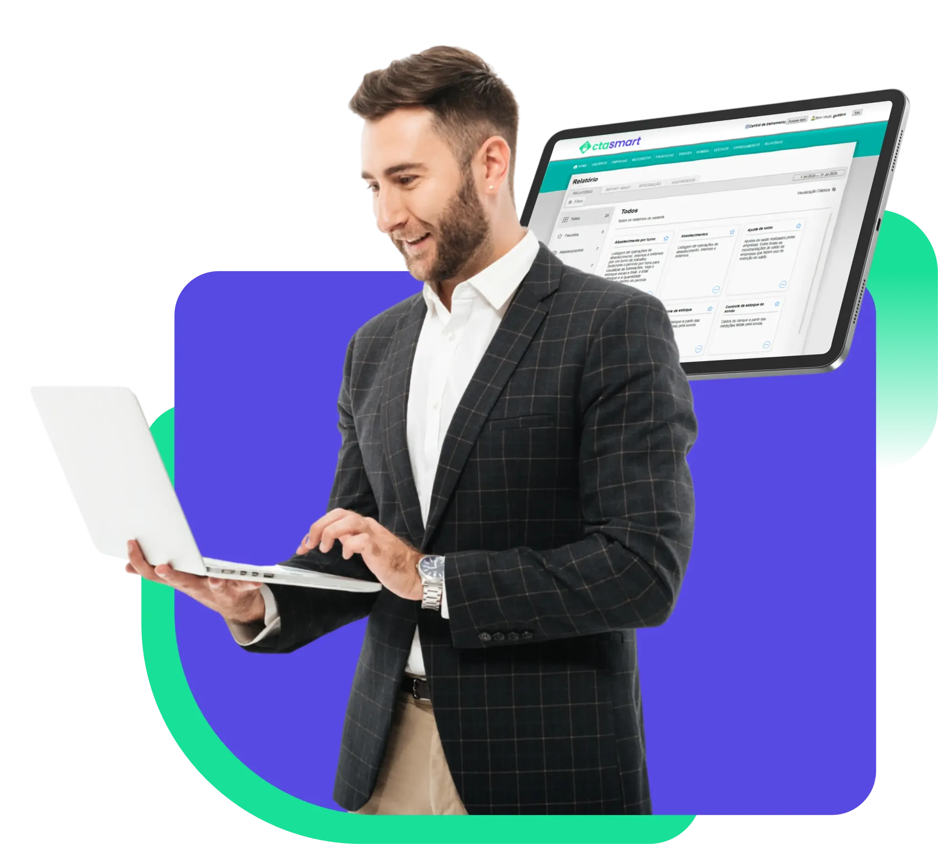 Um homem de terno está usando um laptop e um tablet.