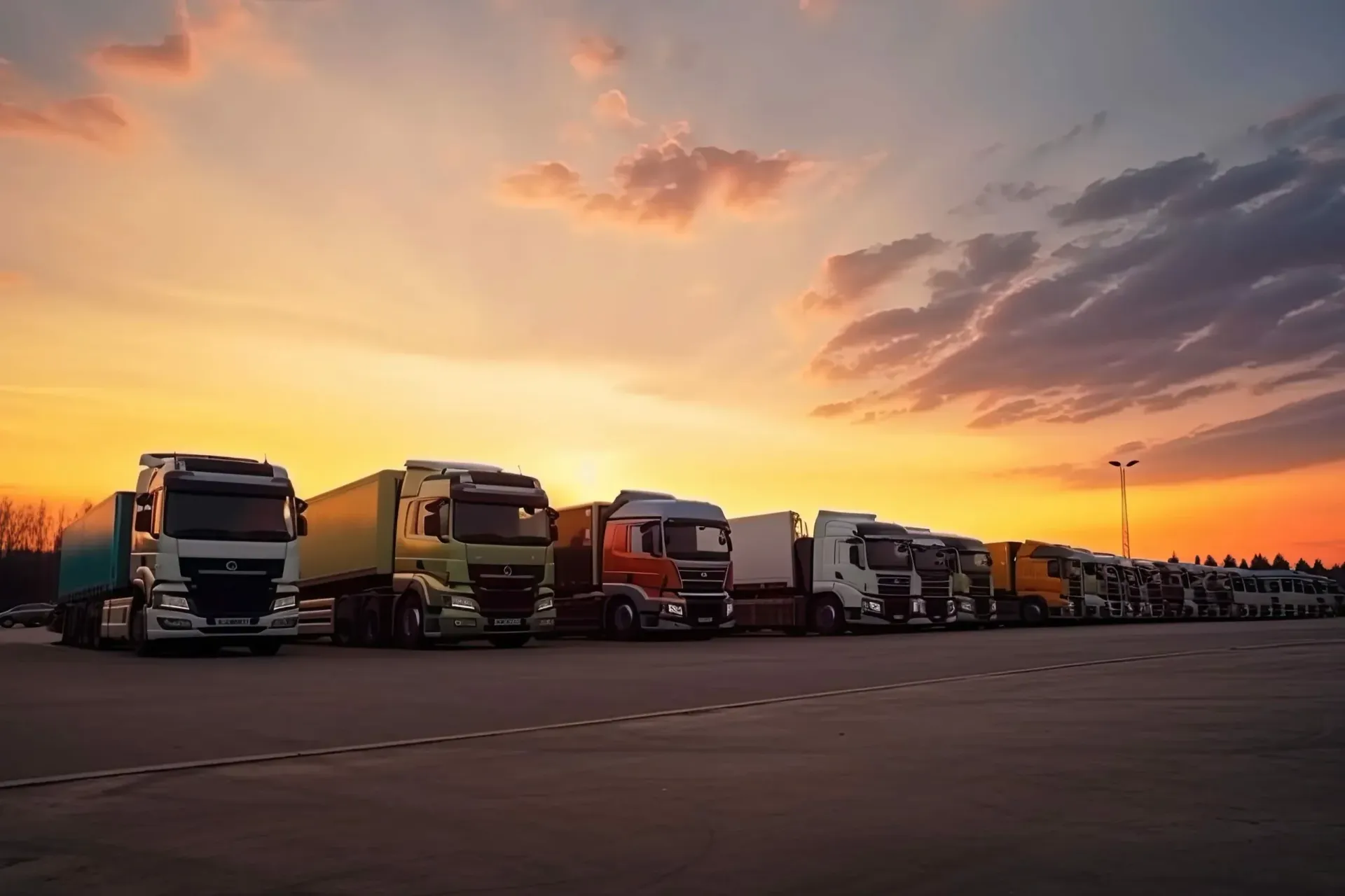 Uma fileira de caminhões estacionados em um estacionamento ao pôr do sol.