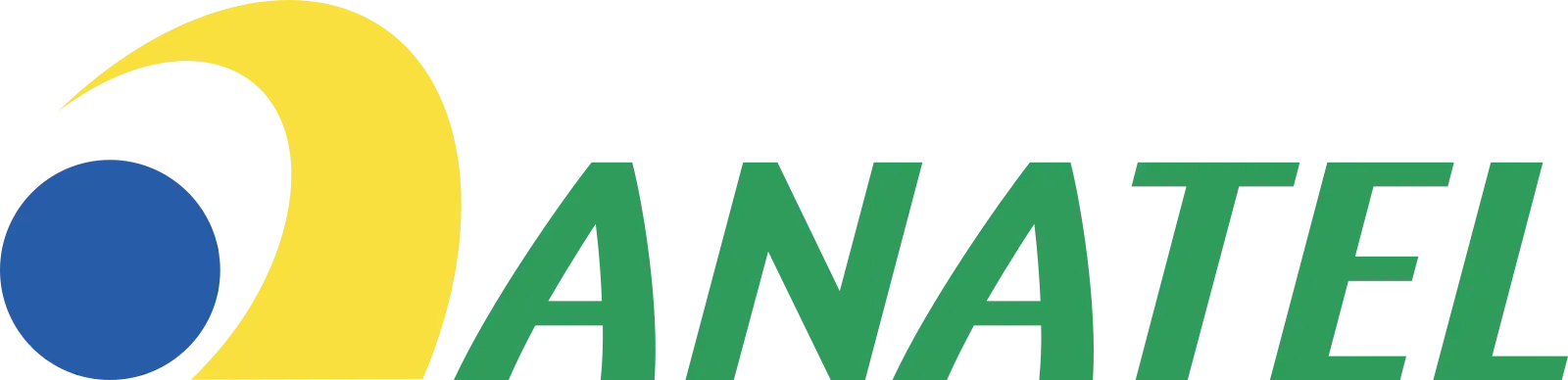 Logotipo da ANATEL: forma curva amarela, círculo azul, texto verde.