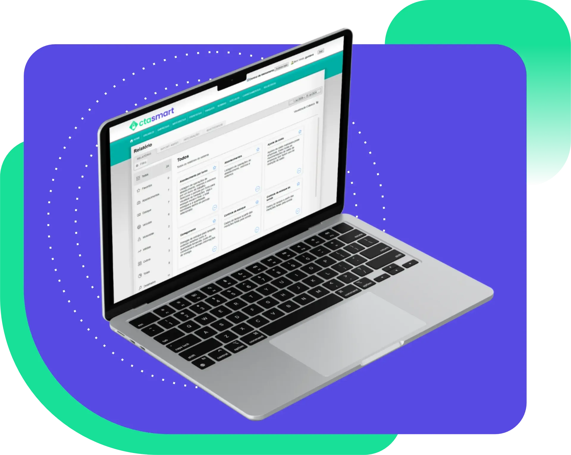 Um laptop está aberto em um site com fundo roxo.