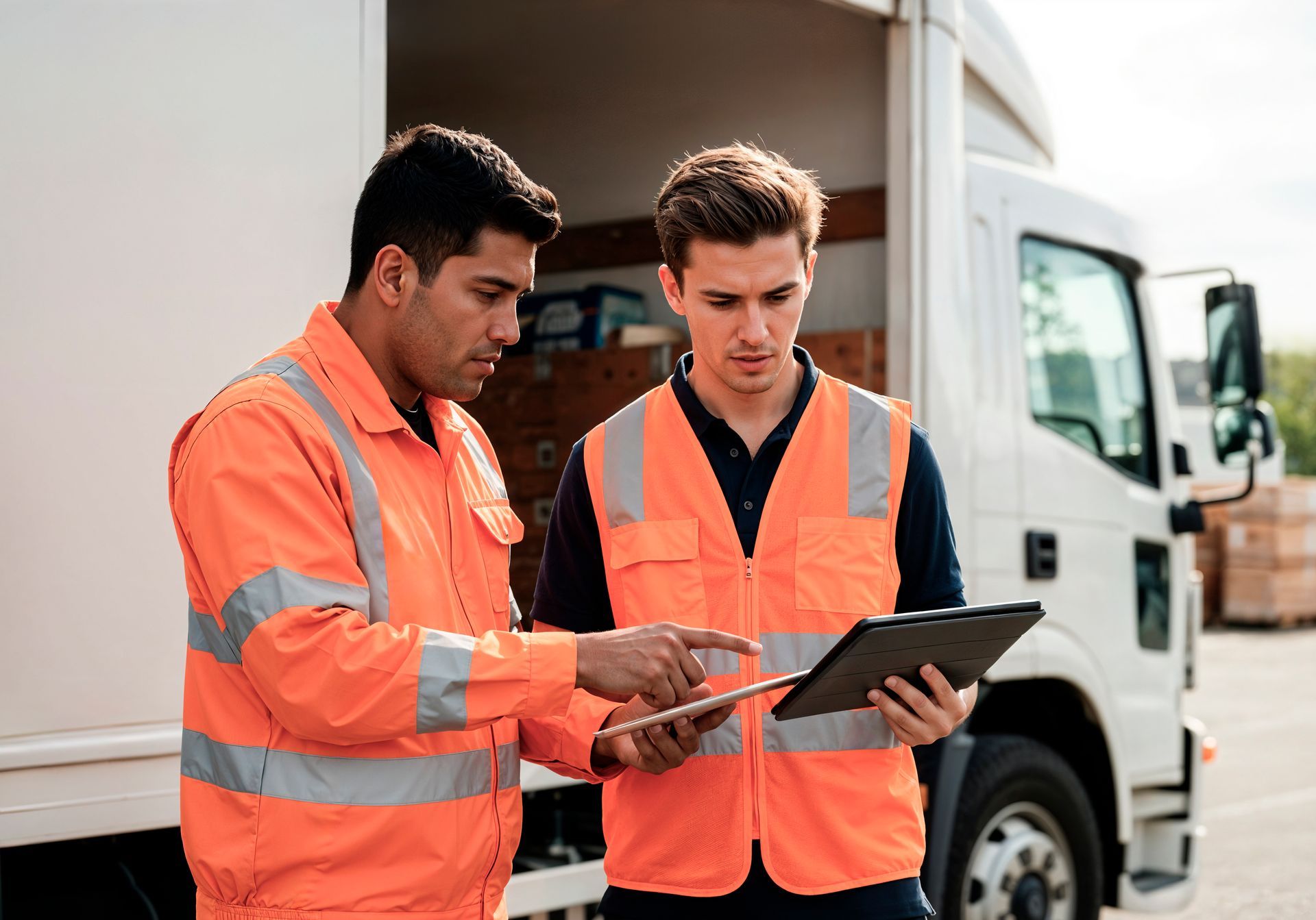 Dois trabalhadores de coletes de segurança laranja revisando um tablet ao lado de um caminhão.