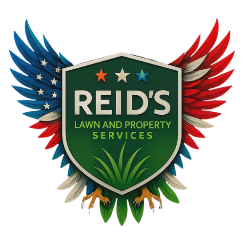 Logo for Reid's Lawn & Property Services, shield with green grass and eagle wings in red, white, and blue.