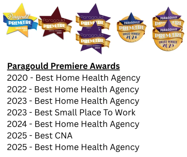 Paragould Premiere Awards logos with list of 2020–2025 home health agency awards and Best CNA