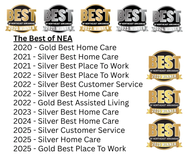 Awards graphic listing NEA Best honors from 2020–2025, with gold and silver “Best” badges.