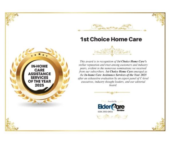 1st Choice Home Care award certificate with gold seal and Elder Care logo on white background