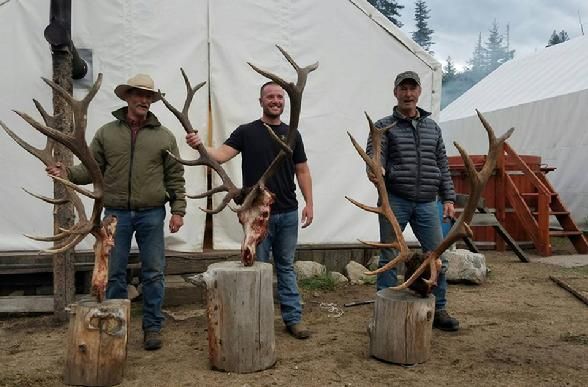 Three men are standing next to each other holding deer antlers.