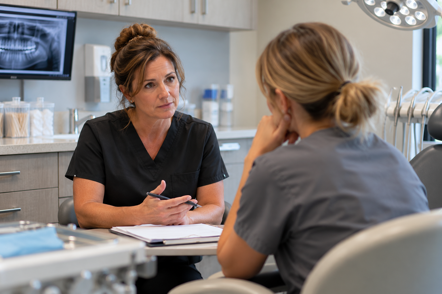 Two oral surgery office employees in scrubs have a serious, private conversation across a desk with 
