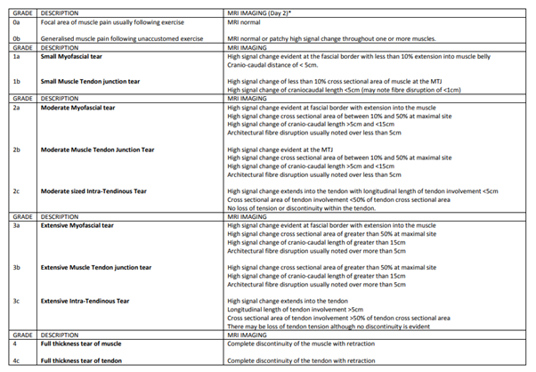 British Athletics Muscle Injury Classification grading table