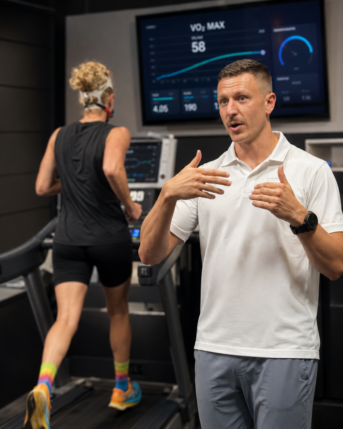 Trainer speaking in a gym while a person runs on a treadmill behind him.