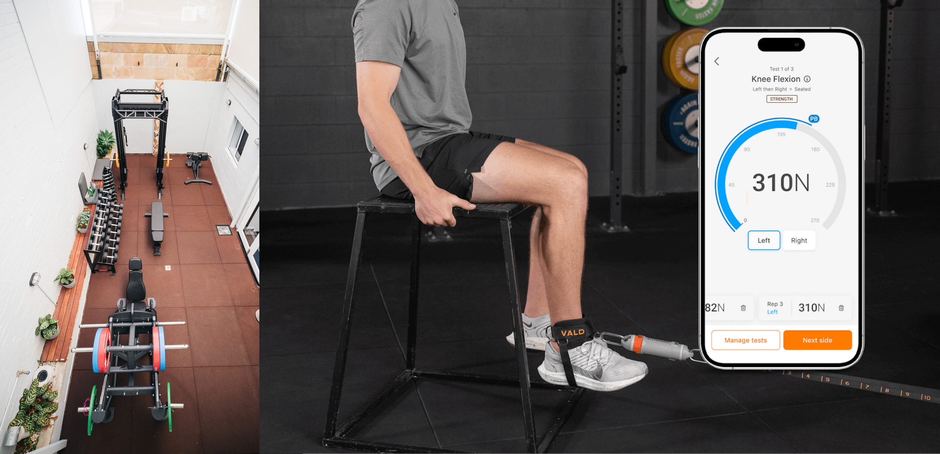 A man is sitting on a stool in a gym next to a cell phone doing strength testing via VALD