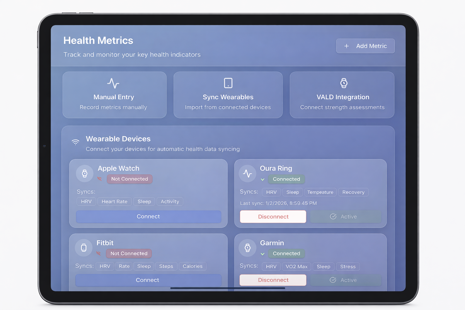 Tablet showing a health metrics dashboard with cards and charts on a blue interface