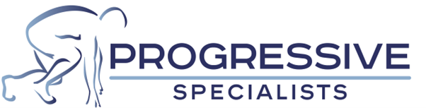 Progressive Specialists logo with blue elephant head outline and navy text on white background