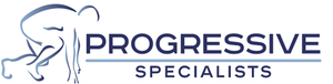 Progressive Specialists logo with blue elephant head outline and navy text on white background