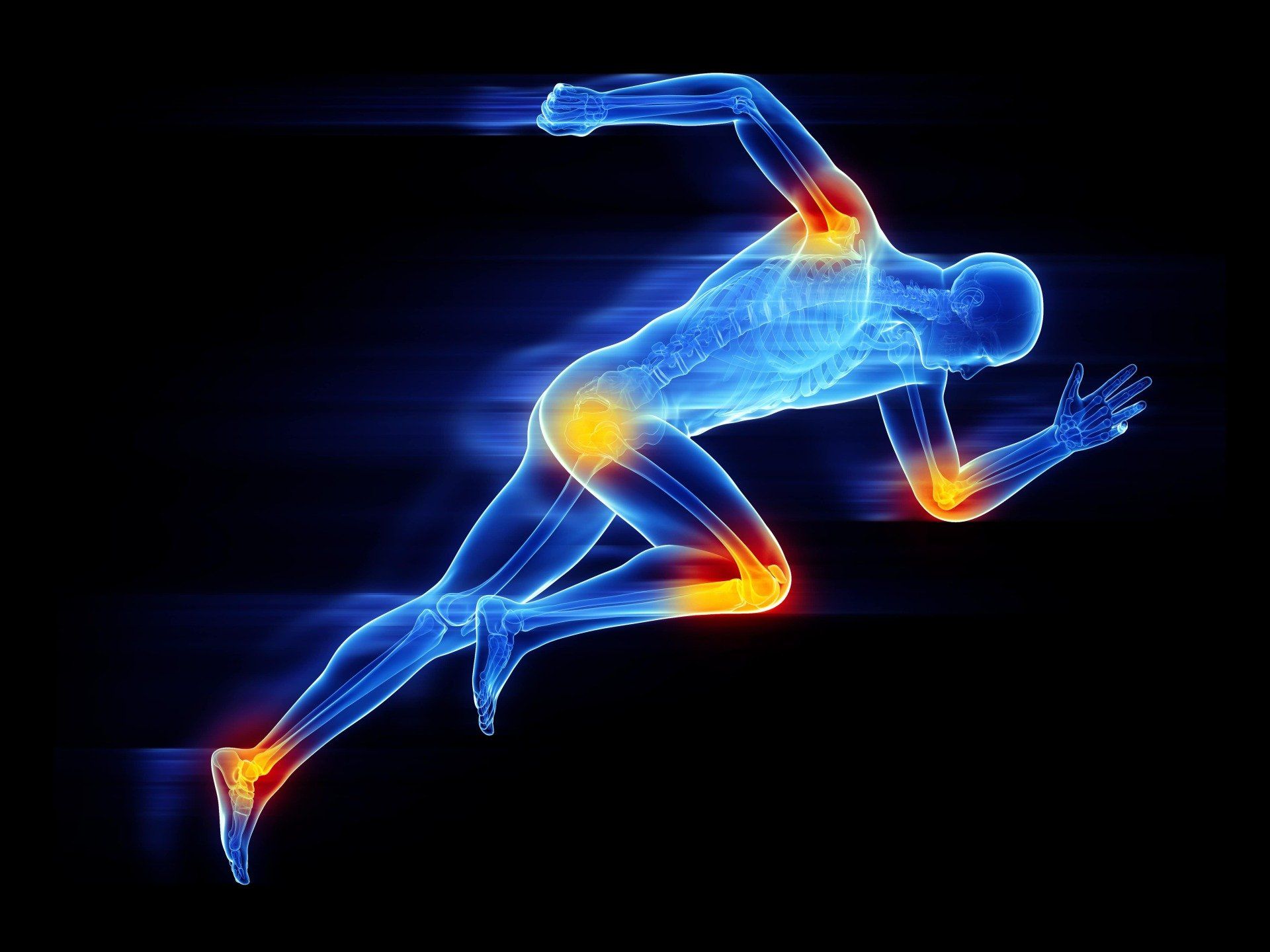 Glowing blue runner in motion on black background, with orange highlights at joints and feet