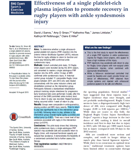 First page of the published BMJ Open Sport and Exercise Medicine study on a single PRP injection for ankle syndesmosis injury in rugby players
