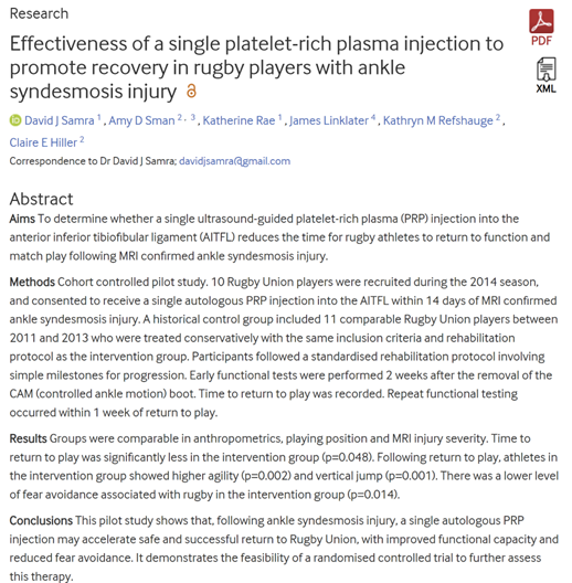 publication a single platelet-rich plasma injection to promote recovery in rugby players with ankle syndesmosis injury