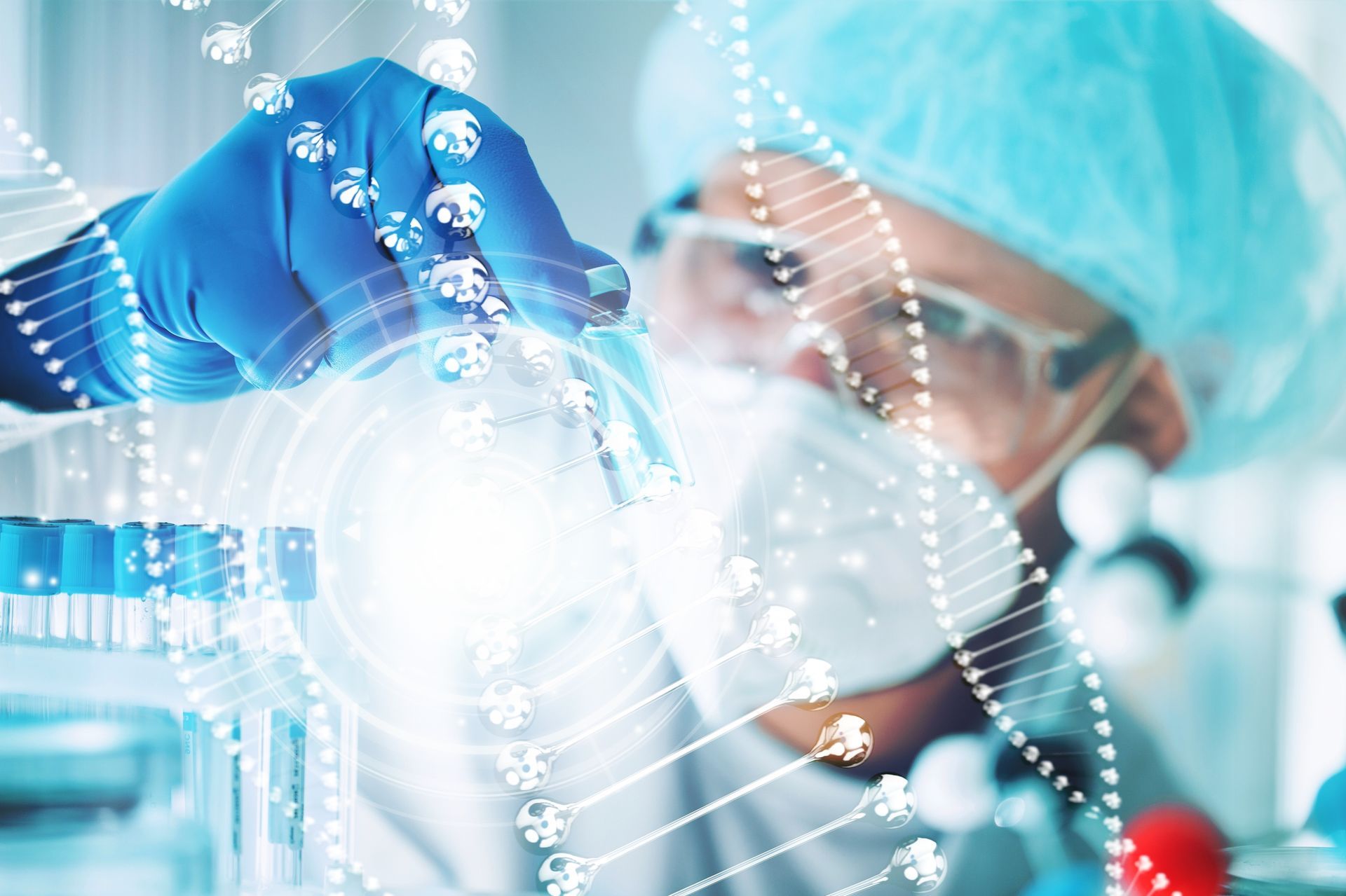 Scientist in lab coat and gloves analyzing DNA strands with lab equipment in a bright laboratory