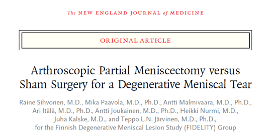 Title page of the New England Journal of Medicine trial: arthroscopic partial meniscectomy versus sham surgery for a degenerative meniscal tear