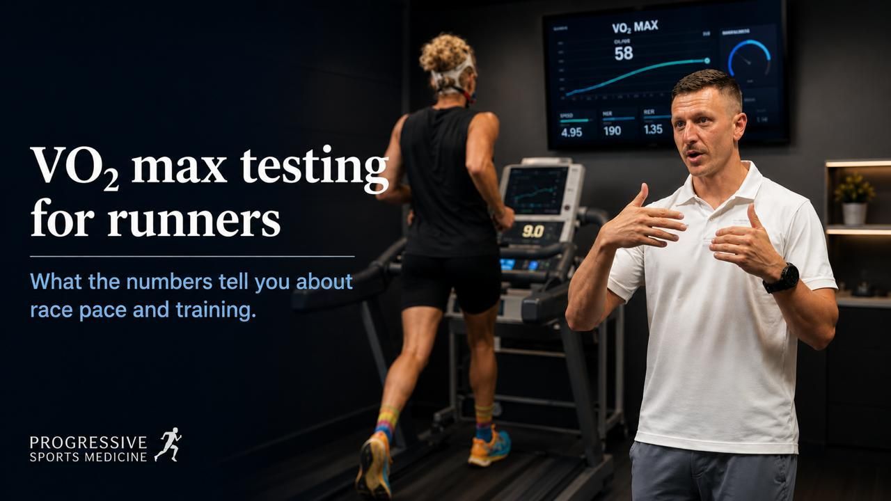 VO2 max testing for runners in a lab, with a treadmill runner and instructor gesturing in front of a monitor