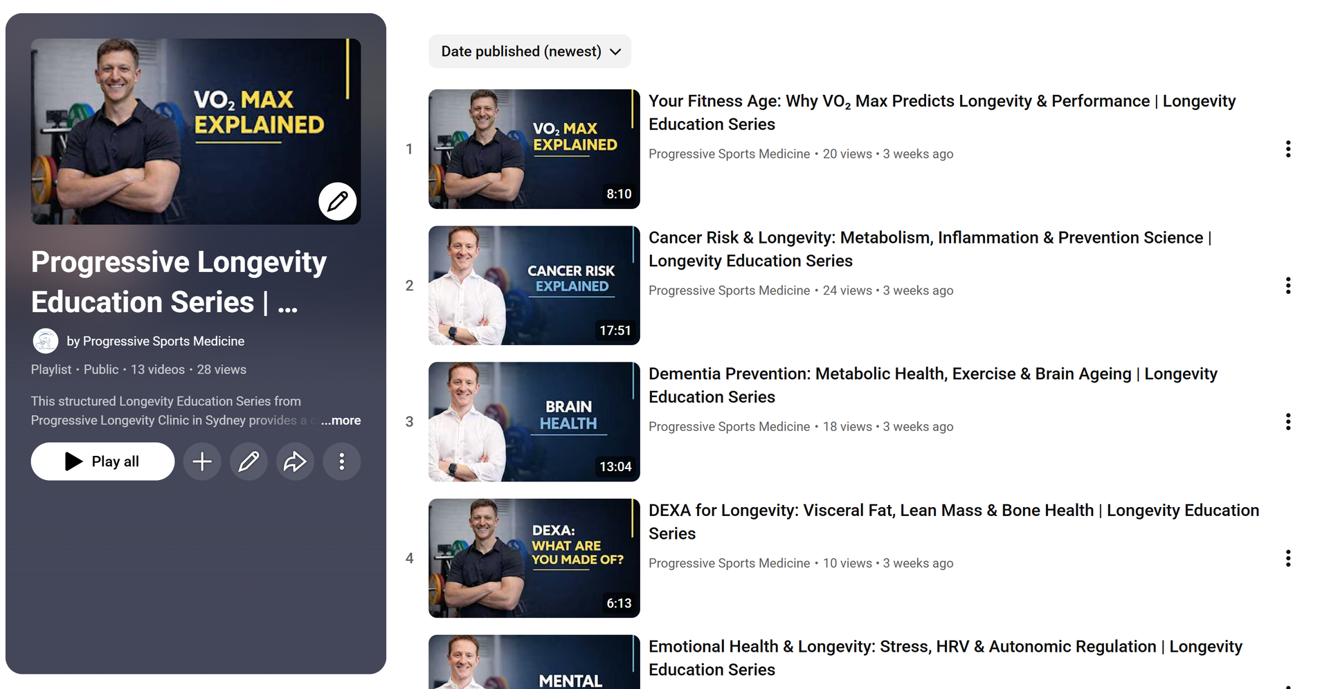 YouTube playlist screen showing “Progressive Longevity Education Series” with video thumbnails and titles
