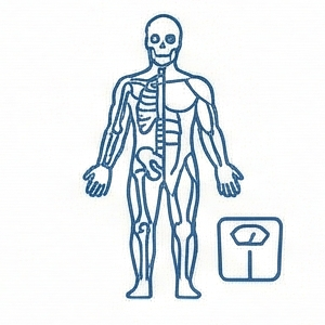 Blue line drawing of a human anatomy figure beside a bathroom scale icon