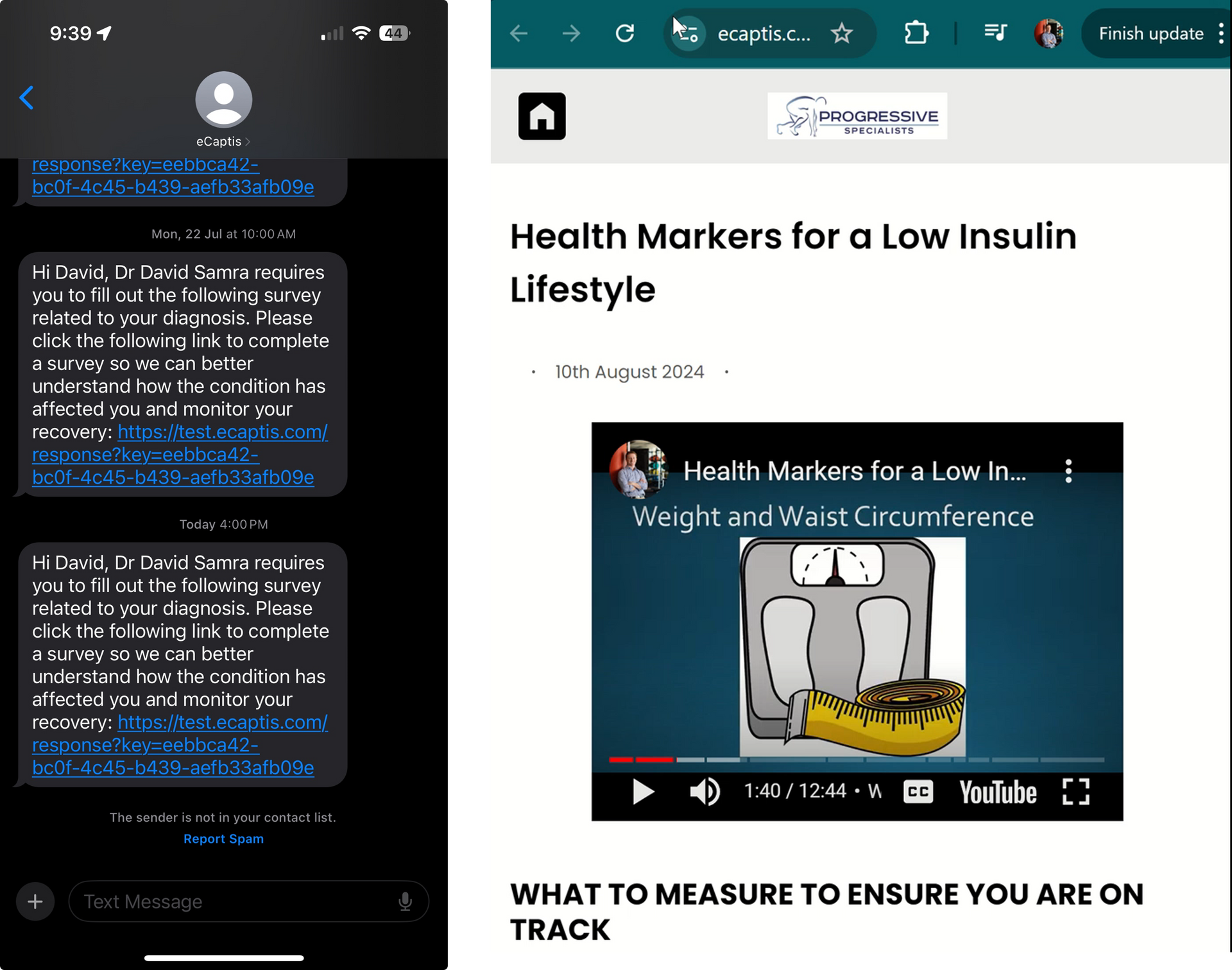 A phone screen shows a text message and a video about health markers for a low insulin lifestyle