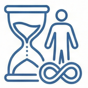 Blue line icon of an hourglass, person, and infinity symbol representing time and accessibility