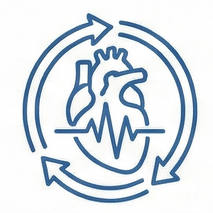 Blue outline of a heart with ECG line inside, surrounded by circular arrows on a white background