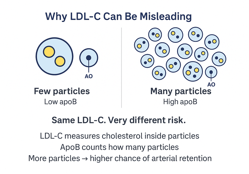 Illustration comparing large and small atherogenic particles carrying cholesterol.