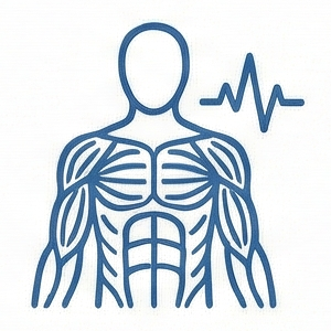 Blue line icon of human torso with heartbeat wave, representing health or fitness tracking