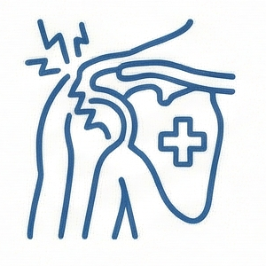 Blue outline of a person holding shoulder in pain beside an arm with a medical cross symbol