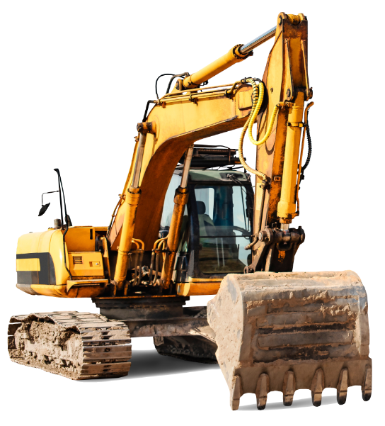 A yellow excavator with a large bucket on a white background.