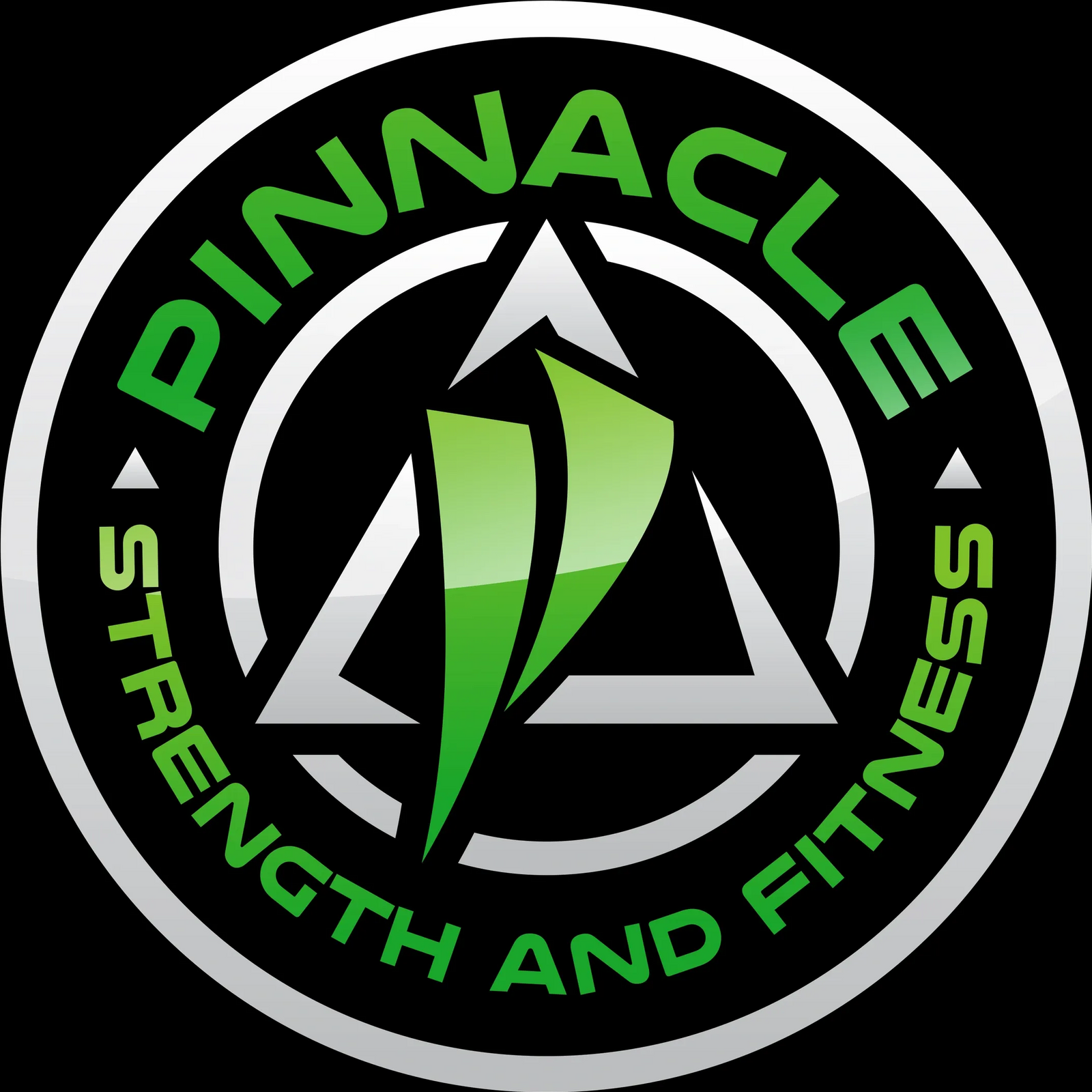 Pinnacle Strength and Fitness logo with green text and a stylized white and green emblem on black background