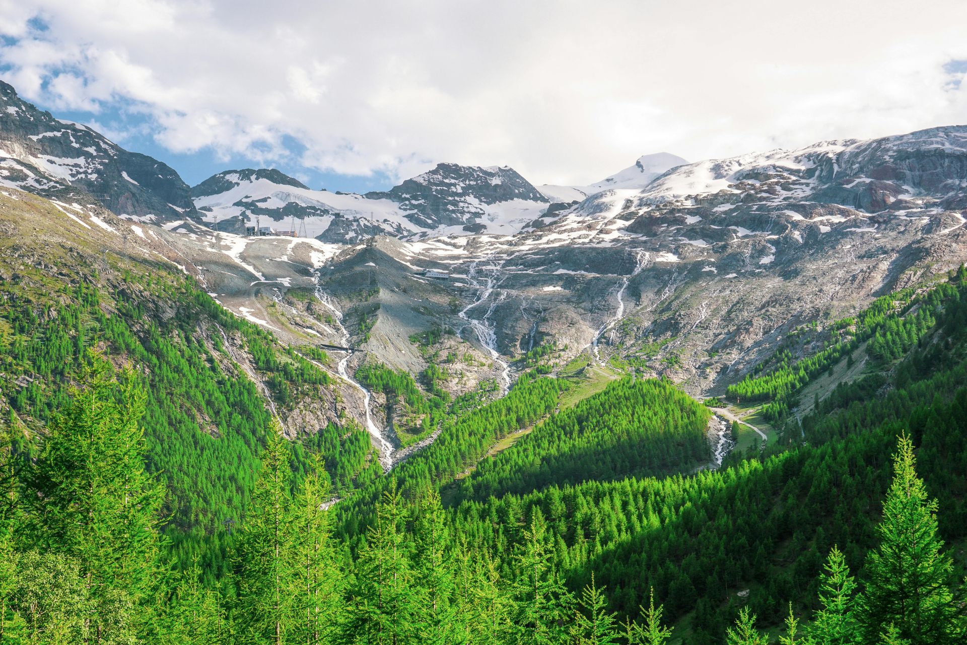 Lush green forest at base of a snow-capped mountain range, with waterfalls visible.