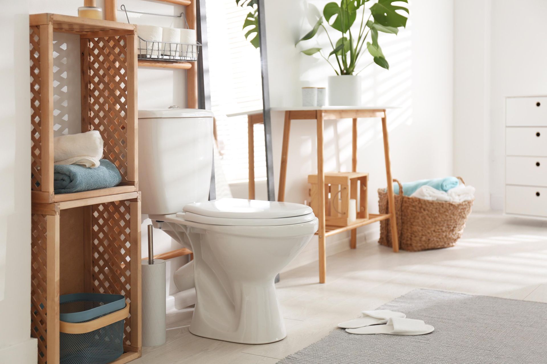 A bathroom with a toilet , shelves , baskets and a plant.