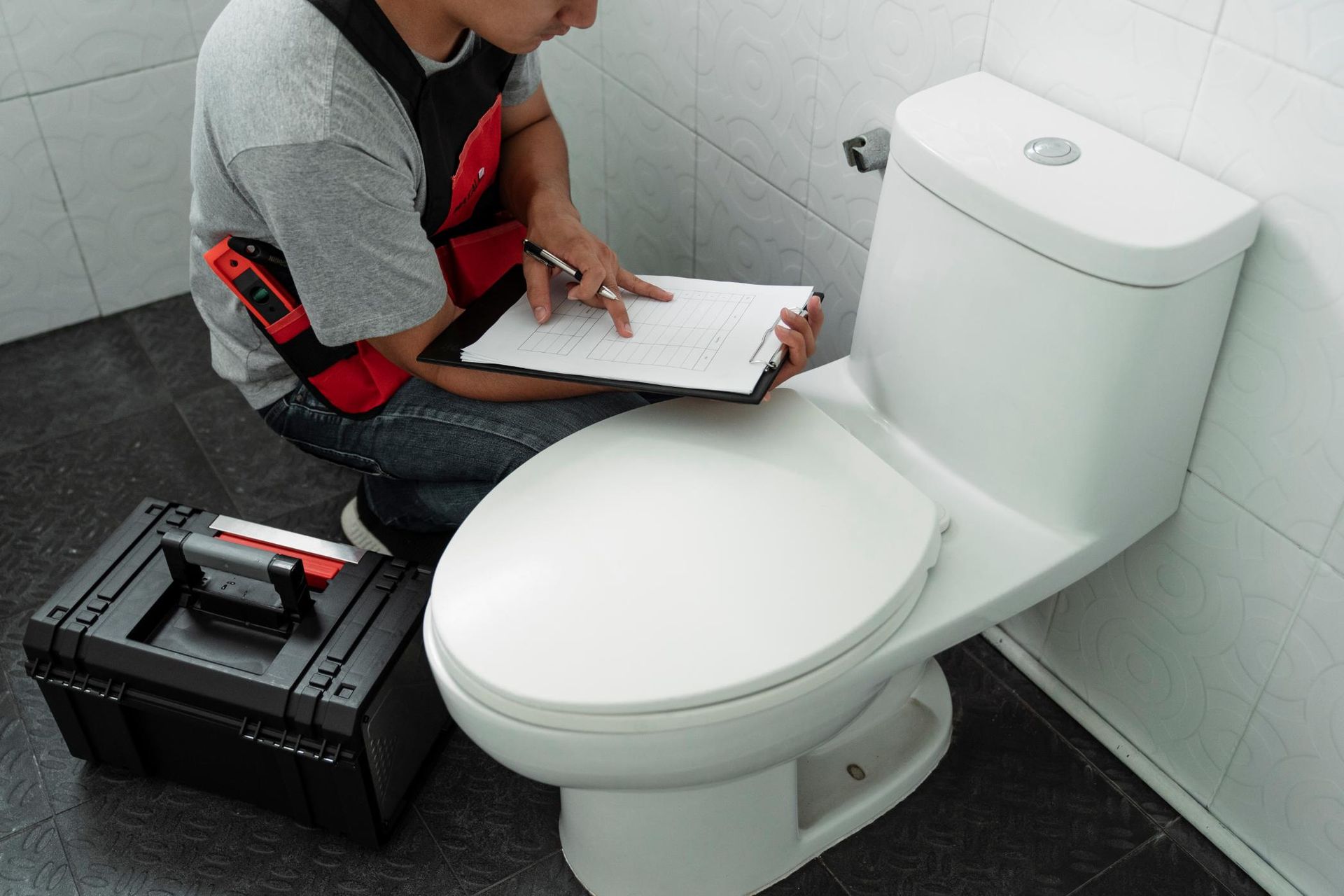 A man is kneeling next to a toilet holding a clipboard.