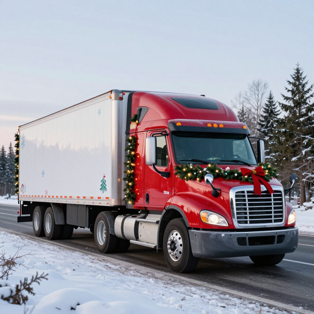 Red semi-truck decorated with holiday lights driving on a snowy road at dusk