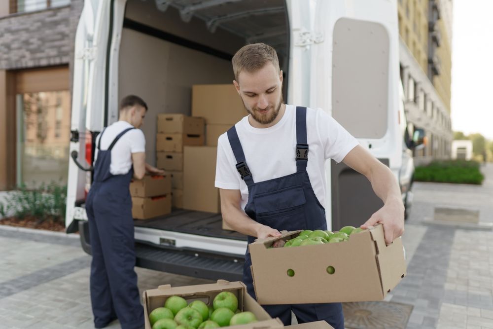 Workers loading boxes of green apples from a delivery truck.