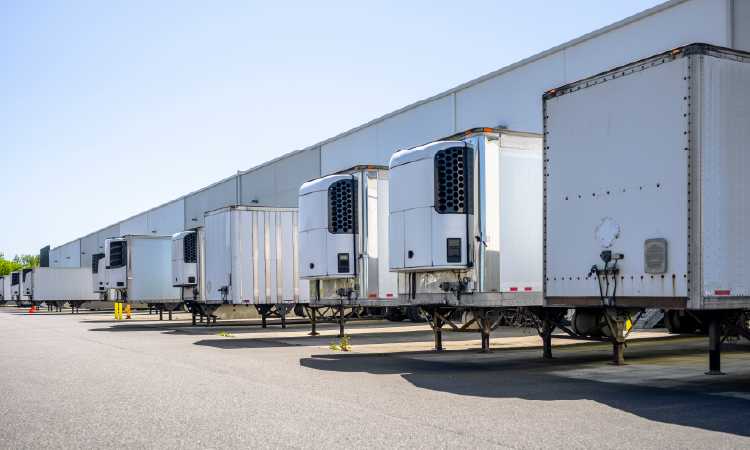 Refrigerated trailers lined up at cold storage warehouse loading docks for temperature-controlled shipping.
