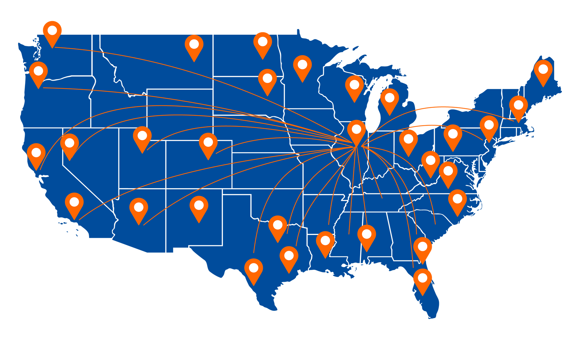 Map showing K2-Transportation’s nationwide refrigerated freight routes from Chicago hub
