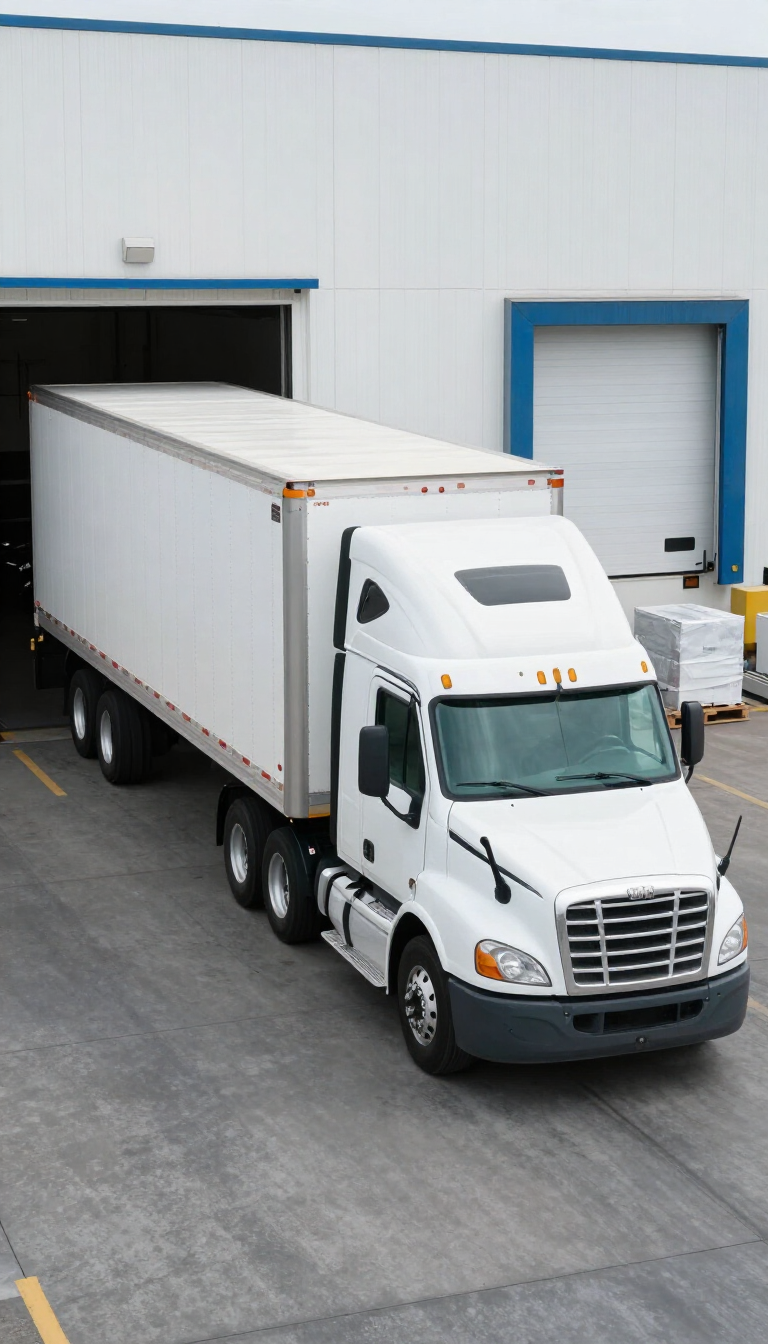 White semi-truck parked by a warehouse loading dock with blue-trimmed doors
