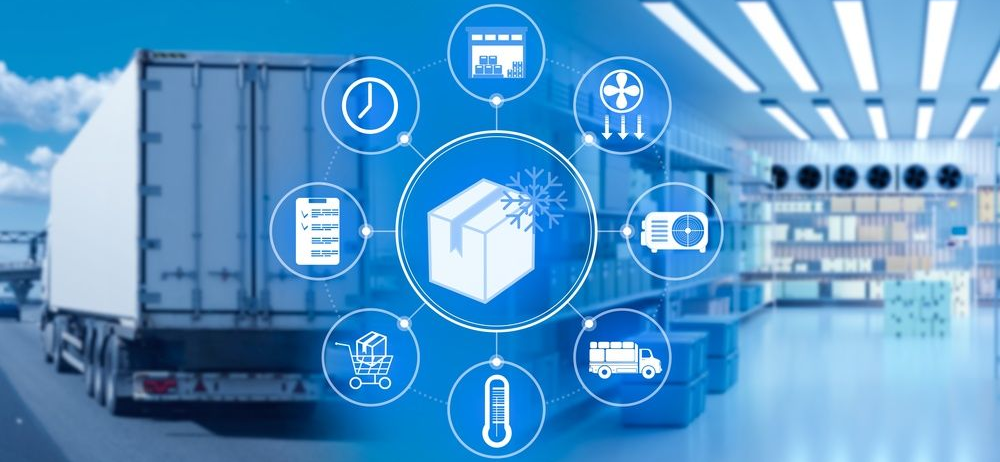 Truck in warehouse with blue logistics network icons and a glowing parcel symbol