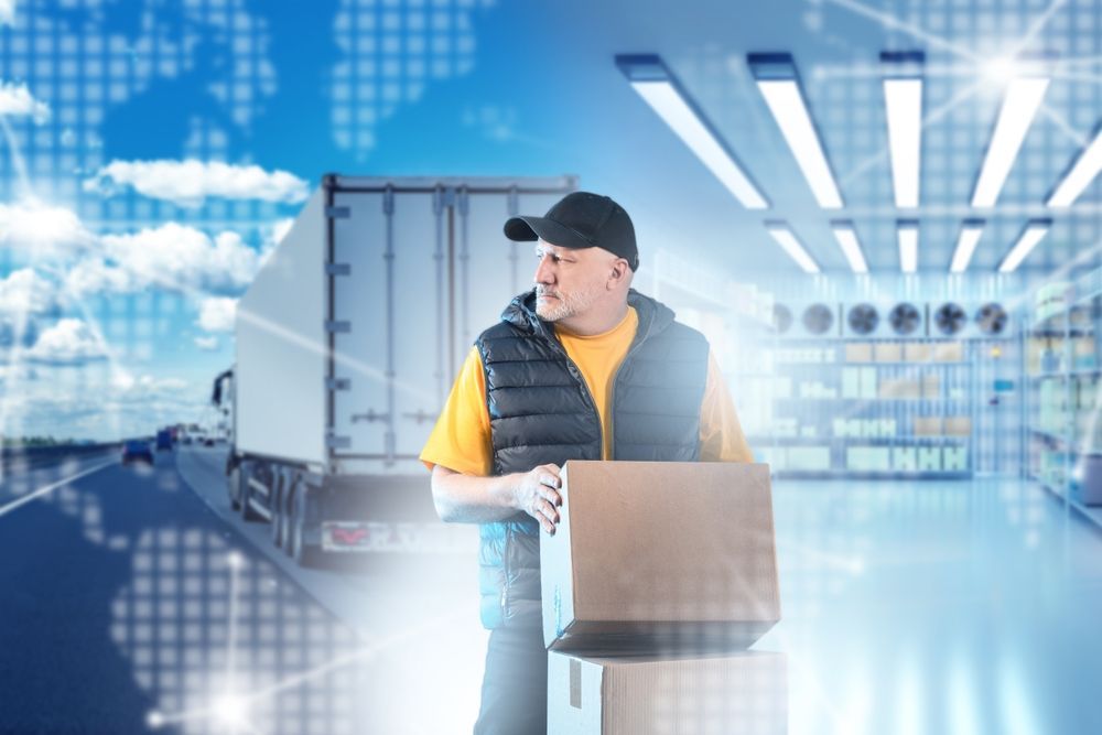 Warehouse worker holding a box beside a truck, with a logistics backdrop and bright blue glow