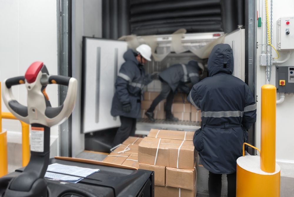 Forklift loading palletized freight onto temperature-controlled truck at shipping dock.