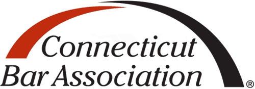 A logo for connecticut bar association with a red and black arrow